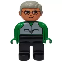 Duplo Figure, Male, Black Legs, Green Top with Vest, Gray Hair, Glasses