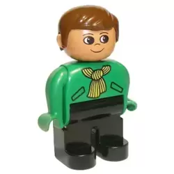 Duplo Figure, Male, Black Legs, Green Top with Yellow Scarf, Brown Hair