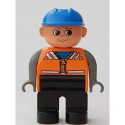 Duplo Figure, Male, Black Legs, Orange Vest, Dark Gray Arms, Construction Hat Blue