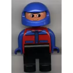 Duplo Figure, Male, Black Legs, Red and Blue Zippered Jacket, Blue Racing Helmet