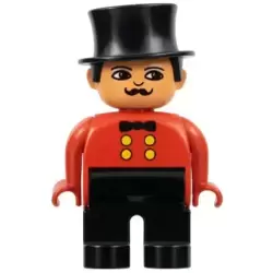 Duplo Figure, Male, Black Legs, Red Top, Top Hat (Circus Ringmaster)