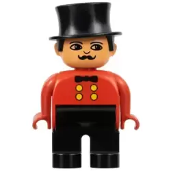 Duplo Figure, Male, Black Legs, Red Top, Top Hat, no White in Eyes Pattern (Circus Ringmaster)