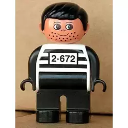 Duplo Figure, Male, Black Legs, White Top with 2-672 Number on Chest, Black Hair, Black Hands, Stubble (Jailbreak Joe)
