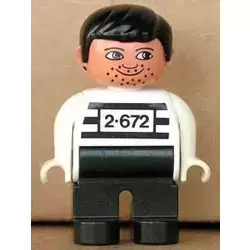 Duplo Figure, Male, Black Legs, White Top with 2-672 Number on Chest, Black Hair, White Hands, Stubble, Moustache Stubble (Jailbreak Joe)