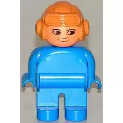 Duplo Figure, Male, Blue Legs, Blue Top, Aviator Helmet Fabuland Orange, no White in Eyes Pattern