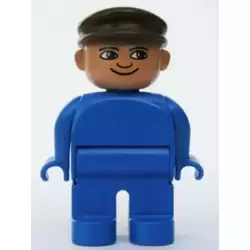 Duplo Figure, Male, Blue Legs, Blue Top, Brown Cap
