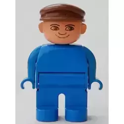 Duplo Figure, Male, Blue Legs, Blue Top, Brown Cap, no White in Eyes Pattern