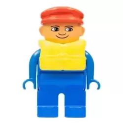 Duplo Figure, Male, Blue Legs, Blue Top, Life Jacket, Red Cap, with White in Eyes pattern