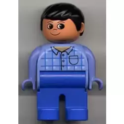 Duplo Figure, Male, Blue Legs, Blue Top Plaid with Pocket, Black Hair
