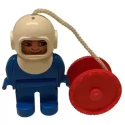 Duplo Figure, Male, Blue Legs, Blue Top, White Helmet, String and Red Reel