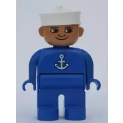 Duplo Figure, Male, Blue Legs, Blue Top with White Anchor, White Sailor Hat