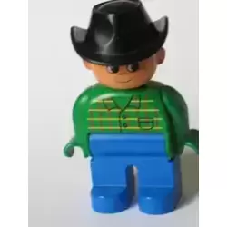 Duplo Figure, Male, Blue Legs, Green Top with Pocket, Black Cowboy Hat