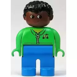 Duplo Figure, Male, Blue Legs, Green Zippered Jacket, Black Curly Hair, Brown Head