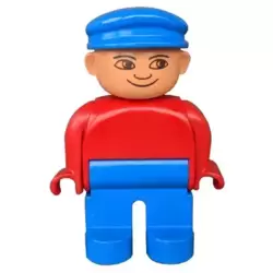 Duplo Figure, Male, Blue Legs, Red Top, Blue Cap