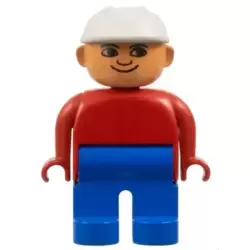Duplo Figure, Male, Blue Legs, Red Top, White Construction Hat