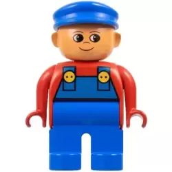 Duplo Figure, Male, Blue Legs, Red Top with Blue Overalls, Blue Cap, Turned Up Nose