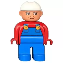 Duplo Figure, Male, Blue Legs, Red Top with Blue Overalls, Construction Hat White, Turned Down Nose