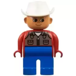 Duplo Figure, Male, Blue Legs, Red Top with Dark Tan Zipper Vest, White Cowboy Hat