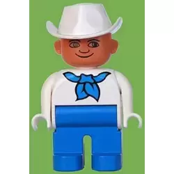 Duplo Figure, Male, Blue Legs, White Top with Blue Bandana, White Cowboy Hat, Plain Eyes