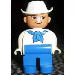 Duplo Figure, Male, Blue Legs, White Top with Blue Bandana, White Cowboy Hat, White in Eyes