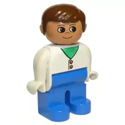 Duplo Figure, Male, Blue Legs, White Two Button Cardigan, Brown Hair (75466)