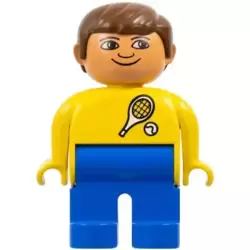 Duplo Figure, Male, Blue Legs, Yellow Top with Tennis Racket and Ball Pattern, Brown Hair