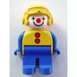 Duplo Figure, Male Clown, Blue Legs, Yellow Aviator Helmet