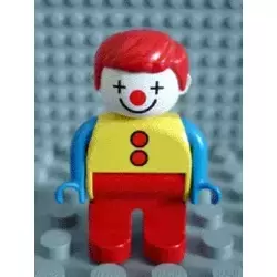 Duplo Figure, Male Clown, Red Legs, Yellow Top with 2 Buttons, Blue Arms, Red Hair Straight