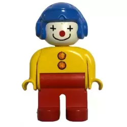 Duplo Figure, Male Clown, Red Legs, Yellow Top with 2 Buttons, Yellow Arms, Blue Aviator Helmet