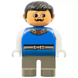 Duplo Figure, Male, Dark Gray Legs, Blue Top with Gold Necklace and Belt, Moustache (4171807)