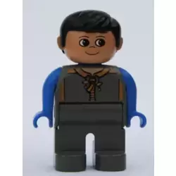 Duplo Figure, Male, Dark Gray Legs, Dark Gray Zippered Coat, Blue Arms, Black Hair