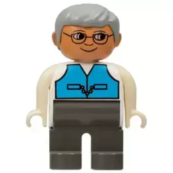 Duplo Figure, Male, Dark Gray Legs, Medium Blue Vest, Gray Hair, Glasses