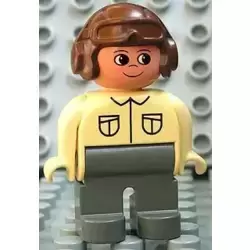 Duplo Figure, Male, Dark Gray Legs, Tan Top, Brown Aviator Helmet