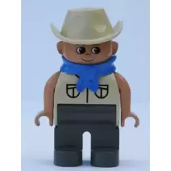 Duplo Figure, Male, Dark Gray Legs, Tan Top Safari with Pockets, Cowboy Hat, Blue Bandana