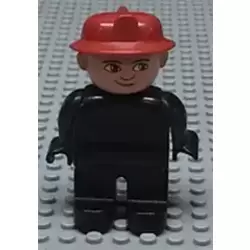 Duplo Figure, Male Fireman, Black Legs, Black Top (no buttons), Red Fire Helmet