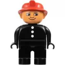 Duplo Figure, Male Fireman, Black Legs, Black Top with 3 White Buttons, Red Fire Helmet