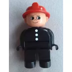 Duplo Figure, Male Fireman, Black Legs, Black Top with 3 White Buttons, Red Fire Helmet, Round Eyes