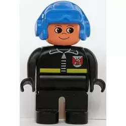 Duplo Figure, Male Fireman, Black Legs, Black Top with Fire Logo and Zipper, Blue Aviator Helmet