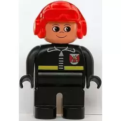 Duplo Figure, Male Fireman, Black Legs, Black Top with Fire Logo and Zipper, Red Aviator Helmet