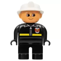 Duplo Figure, Male Fireman, Black Legs, Black Top with Fire Logo and Zipper, White Fire Helmet