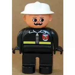 Duplo Figure, Male Fireman, Black Legs, Black Top with Fire Logo and Zipper, White Fire Helmet, Moustache