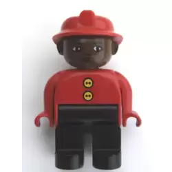 Duplo Figure, Male Fireman, Black Legs, Red Top with Two Buttons, Red Fire Helmet, Brown Head