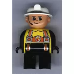 Duplo Figure, Male Fireman, Black Legs, Yellow Top with Flame and Orange Suspenders, White Fire Helmet, Headset