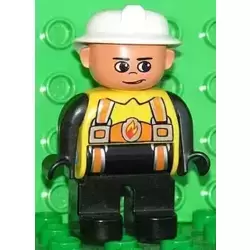Duplo Figure, Male Fireman, Black Legs, Yellow Top with Flame and Orange Suspenders, White Fire Helmet, no Moustache