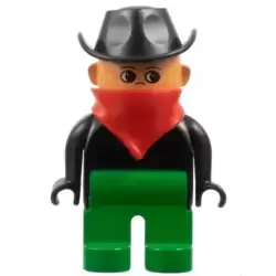 Duplo Figure, Male, Green Legs, Black Top, Red Scarf, Cowboy Hat (Western Bad Guy)