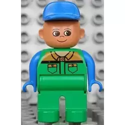 Duplo Figure, Male, Green Legs, Green Work Suit, Blue Arms, Blue Hat (4171006)