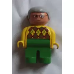 Duplo Figure, Male, Green Legs, Yellow Argyle Sweater, Gray Hair, Glasses