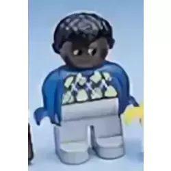 Duplo Figure, Male, Light Gray Legs, Blue Argyle Sweater, Black Hair, Brown Head
