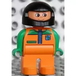 Duplo Figure, Male, Orange Legs, Orange Top with Racer Zipper, Green Arms, Black Helmet