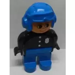 Duplo Figure, Male Police, Blue Legs, Black Top with 3 Buttons and Badge, Blue Aviator Helmet and Nose Bow Line Down
